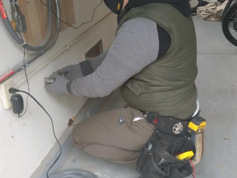 Electrician performing outlet wiring in a Spring Hill garage